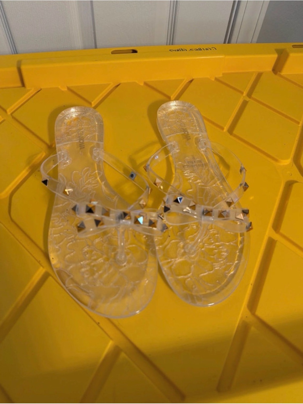 Fashion Nova Clear Jelly Flip Flops with Silver Stud Accents